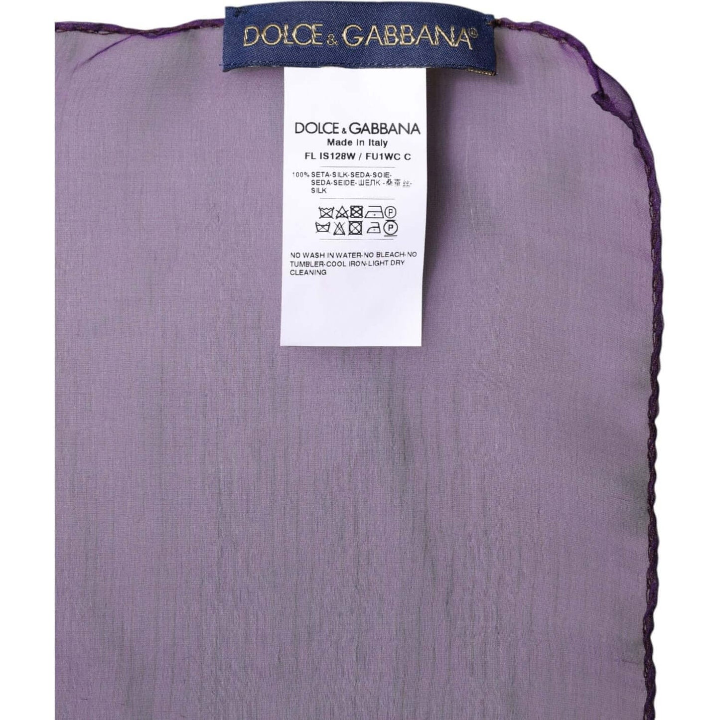 Dolce & Gabbana purple silk wrap shawl scarf with logo detail and care label, made in Italy, size 120cm x 200cm.
