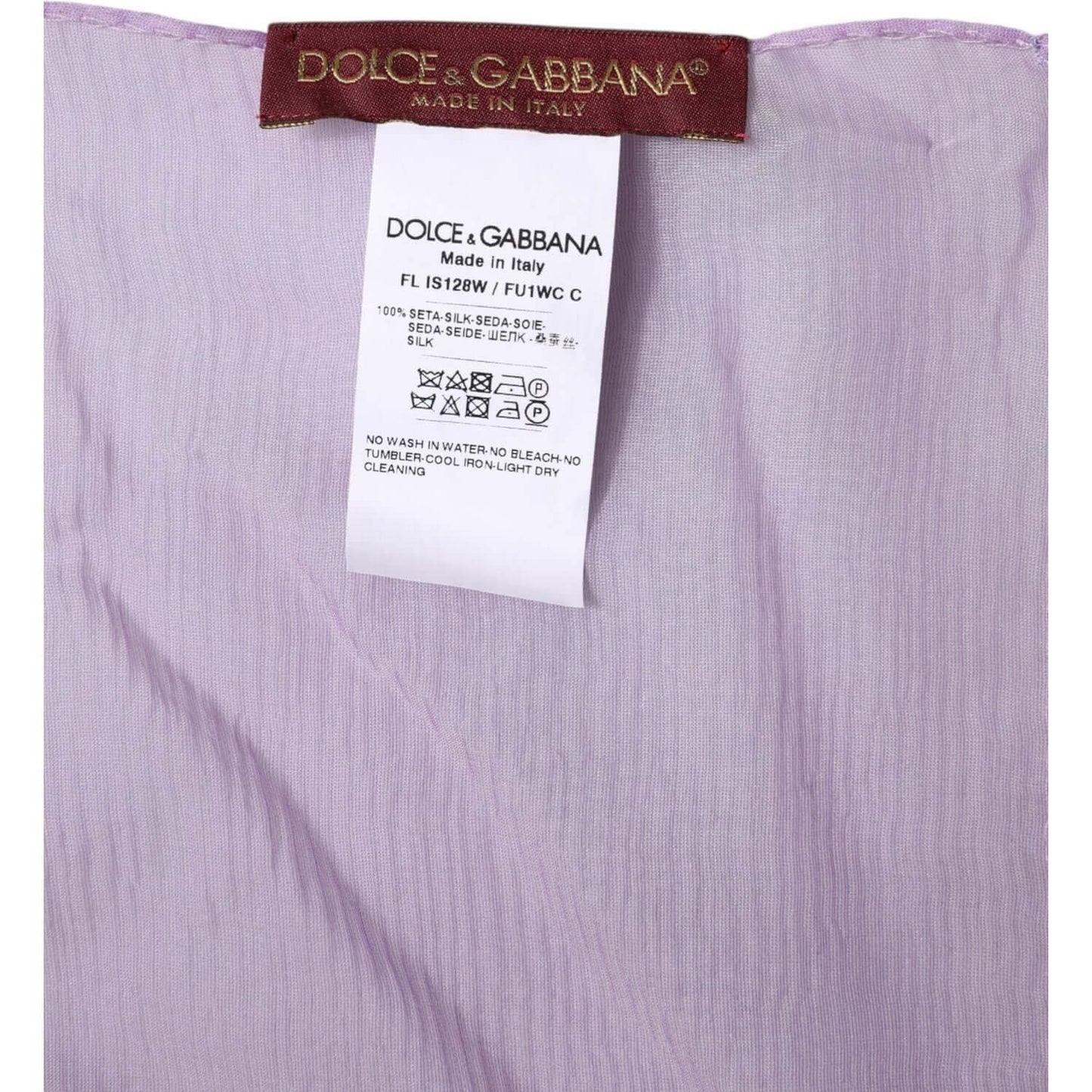 Dolce & Gabbana purple silk rectangle wrap shawl scarf label showing logo and care instructions.