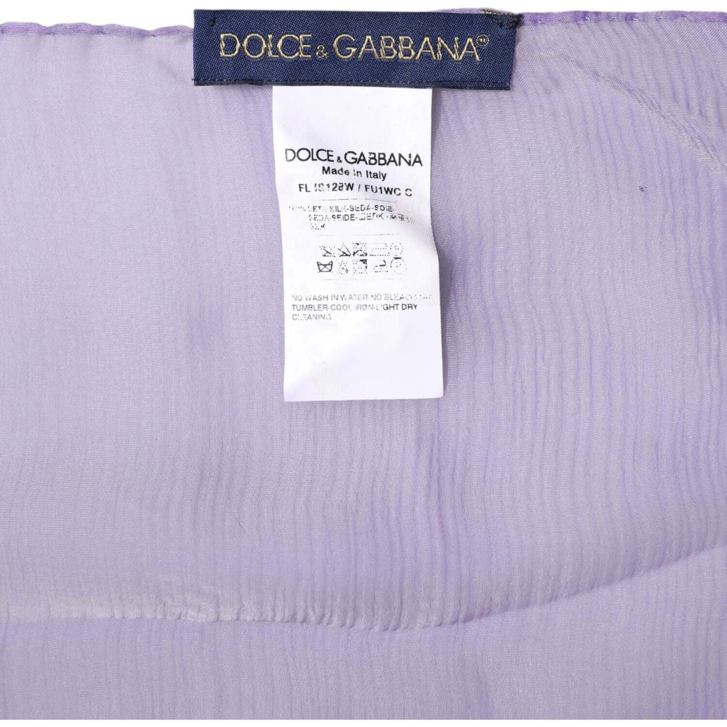 Close-up of Dolce & Gabbana purple silk wrap shawl scarf with label, made in Italy, 100% silk, size 120cm x 200cm.