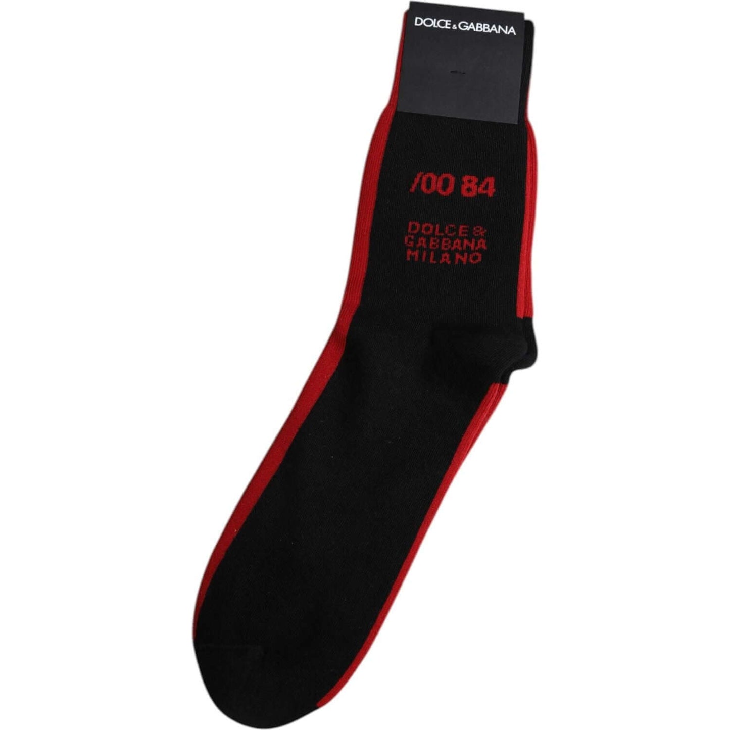 Dolce & Gabbana black mid calf men's socks with logo, nylon-cotton blend, made in Italy, red accents, luxury fashion.