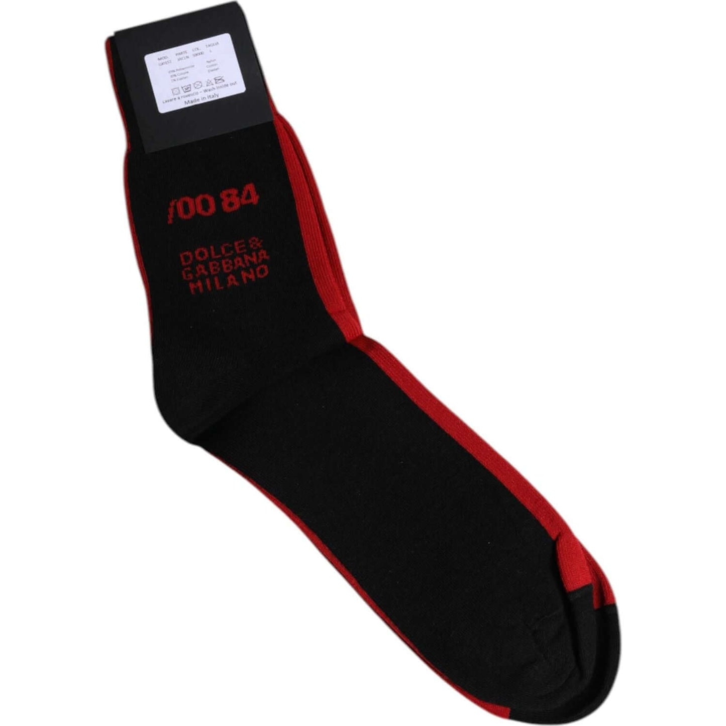 Dolce & Gabbana black and red nylon mid-calf men's socks with logo, made in Italy. Perfect blend of nylon, cotton, and elastane.