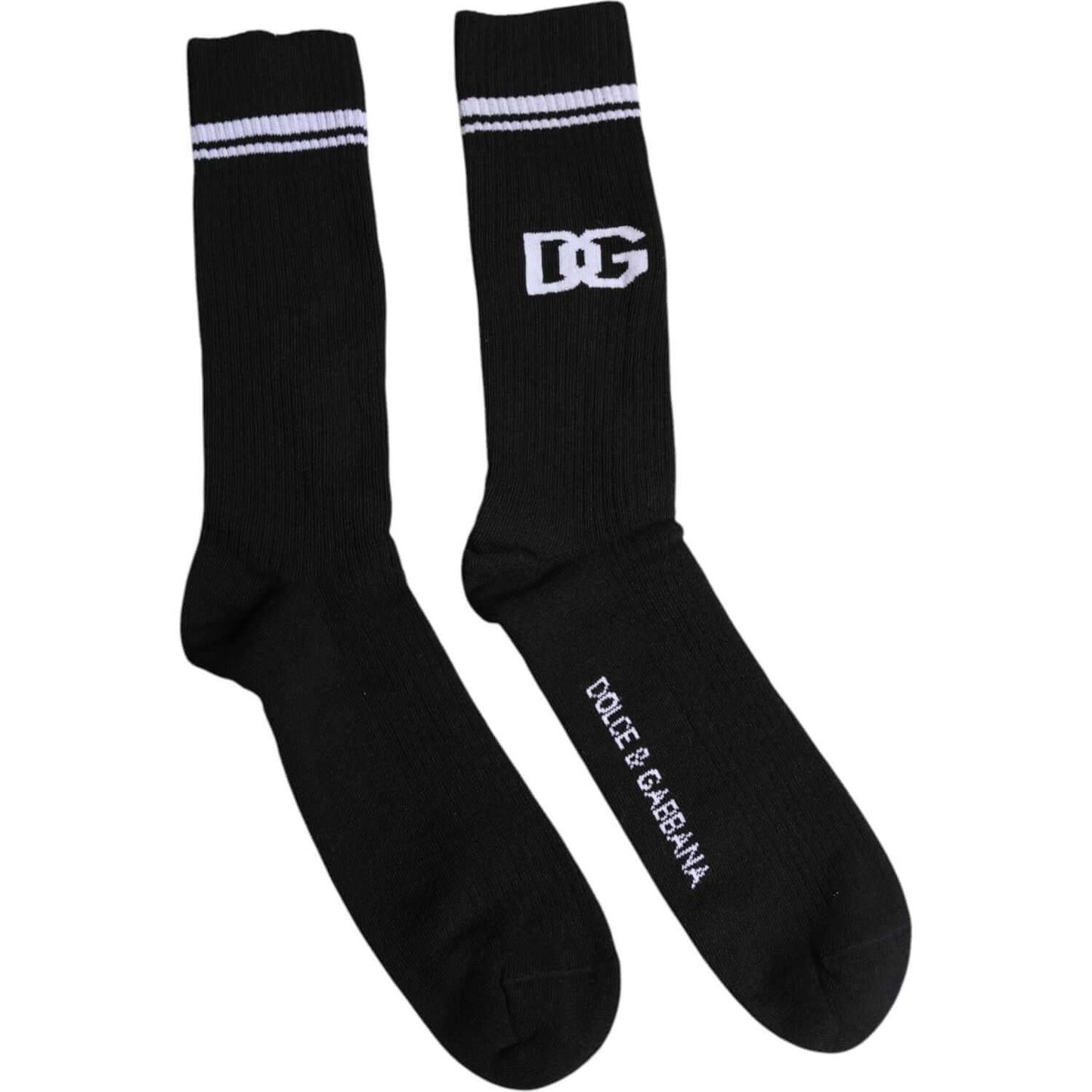 Dolce & Gabbana black mid calf men socks with DG logo, made of cotton nylon blend, designed in Italy for stylish comfort.