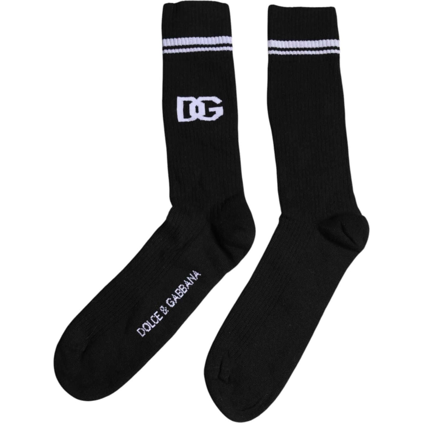 Dolce & Gabbana black mid calf men's socks with DG logo, made in Italy, cotton blend, designer luxury fashion.