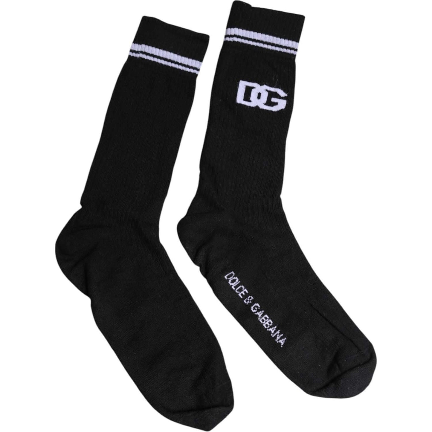 Dolce & Gabbana black cotton mid calf men's socks with logo, made in Italy, perfect for style and comfort.
