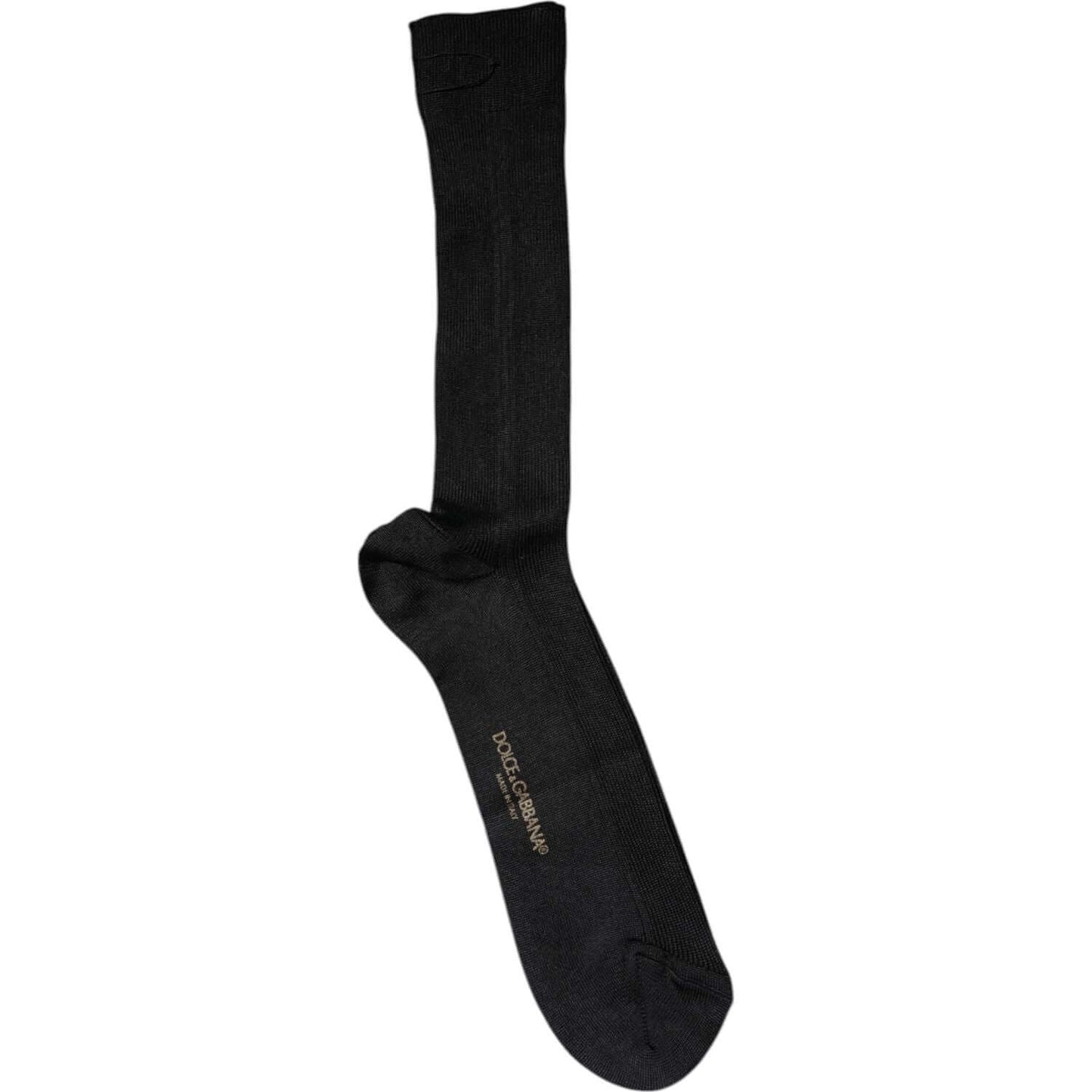 Dolce & Gabbana black cotton mid calf men's socks with DG logo, made in Italy; 60% cotton blend for comfort and style.