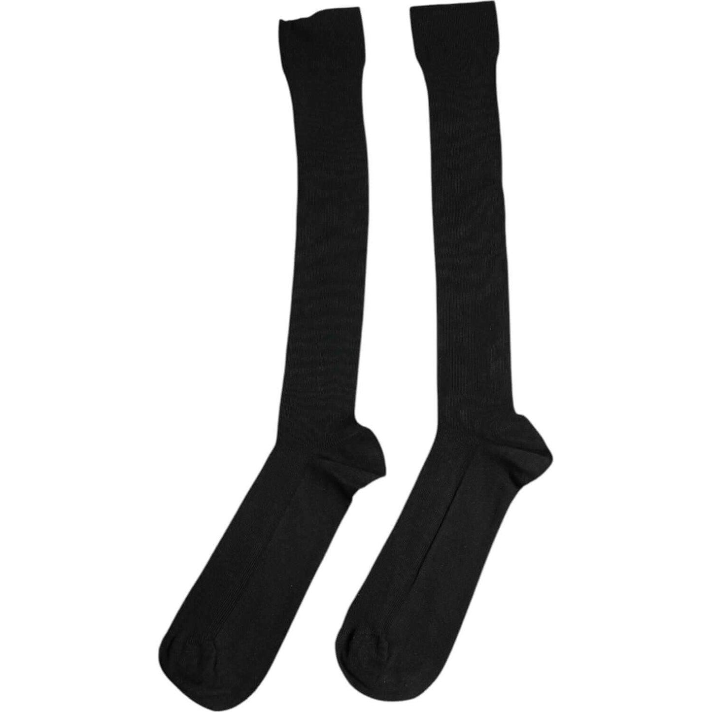 Dolce & Gabbana black viscose men's over the calf socks with logo detail, made in Italy. Stylish and comfortable fit.