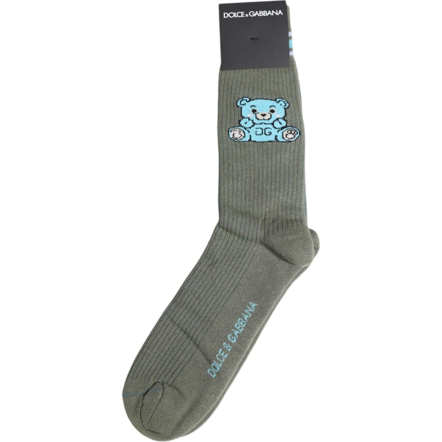 Dolce & Gabbana gray mid calf socks with blue DG bear logo, made of cotton blend, for men. Made in Italy.