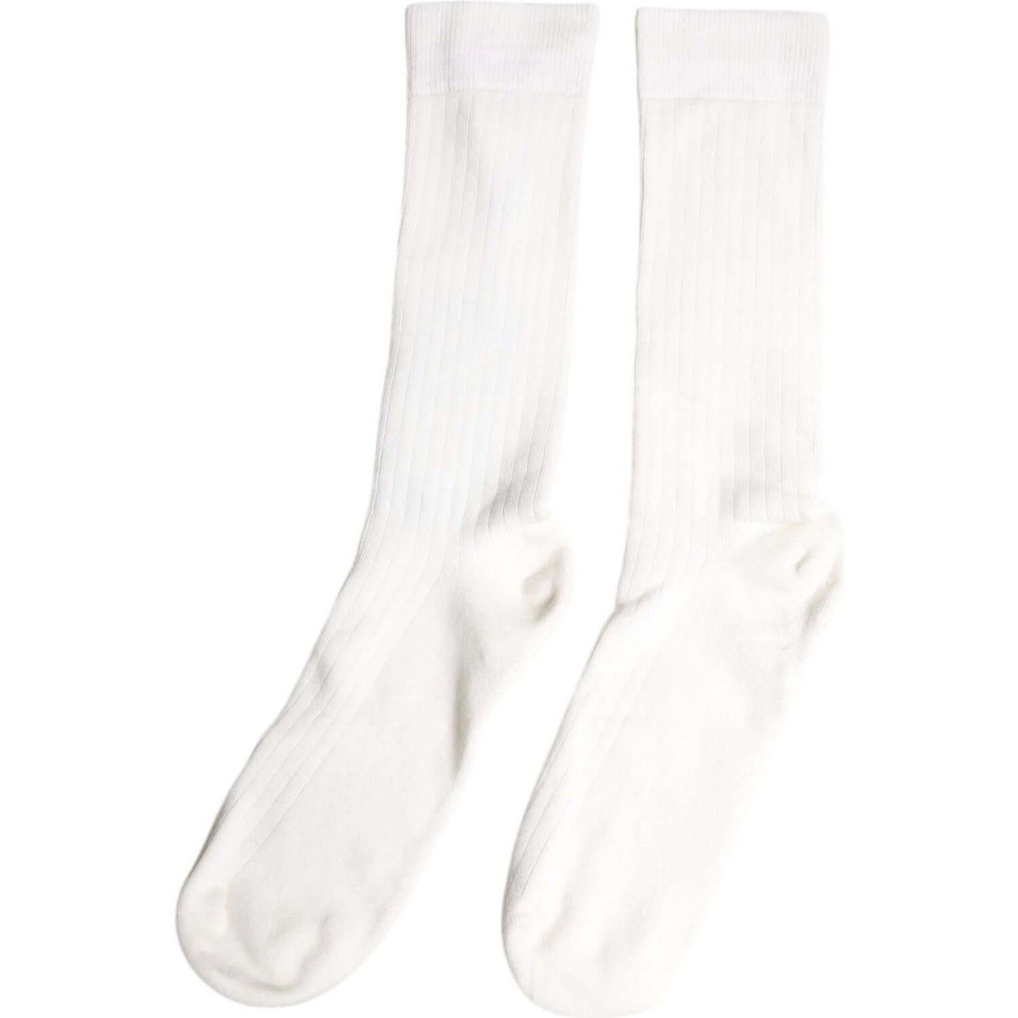 Dolce & Gabbana white cotton mid calf men's socks with logo detailing, made in Italy. Soft and stylish, perfect for a classic look.