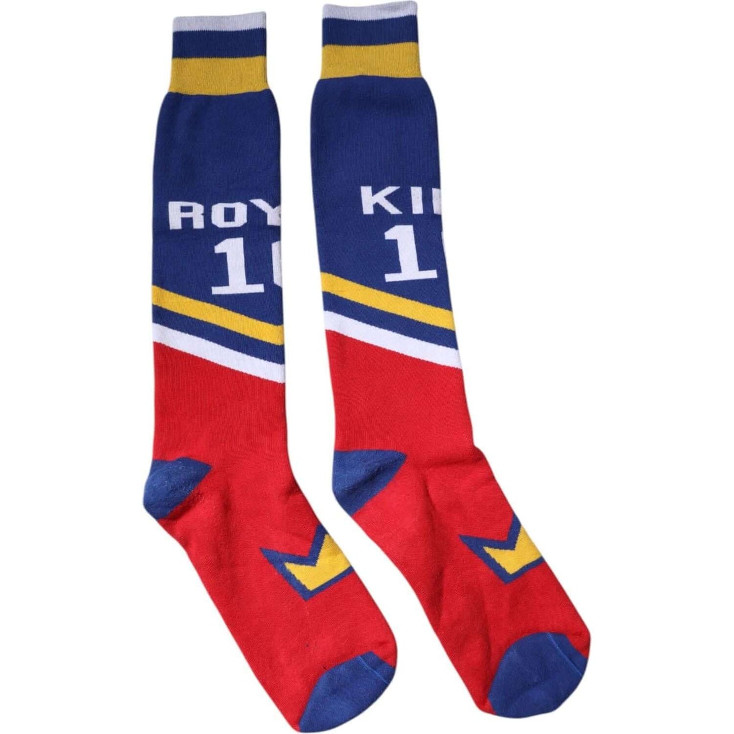 Dolce & Gabbana multicolor over calf socks with print, blue and red design, 88% cotton, made in Italy, brand logo details visible.