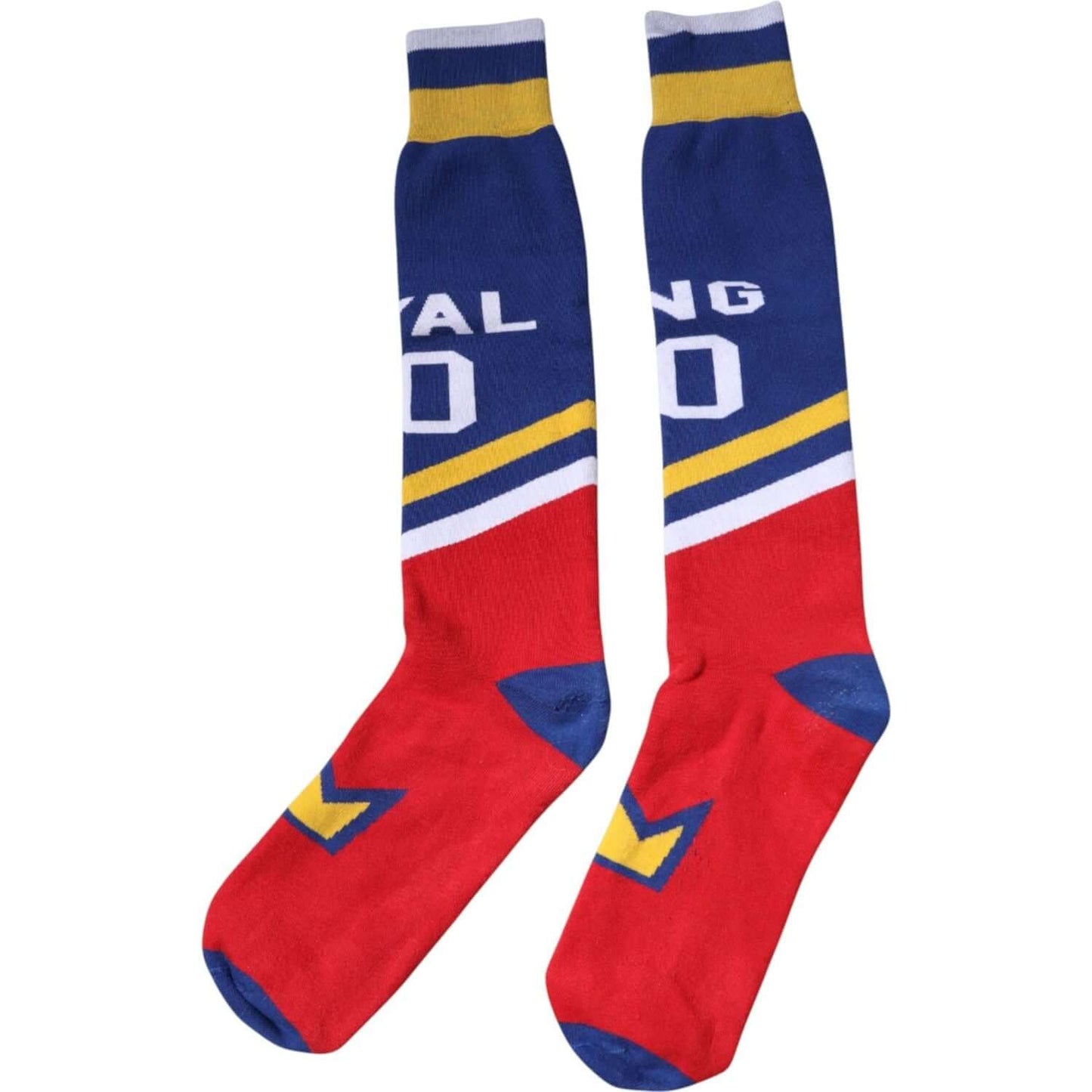 Dolce & Gabbana multicolor printed cotton over calf socks with logo details, red and blue design, made in Italy. High-quality stretch fabric.