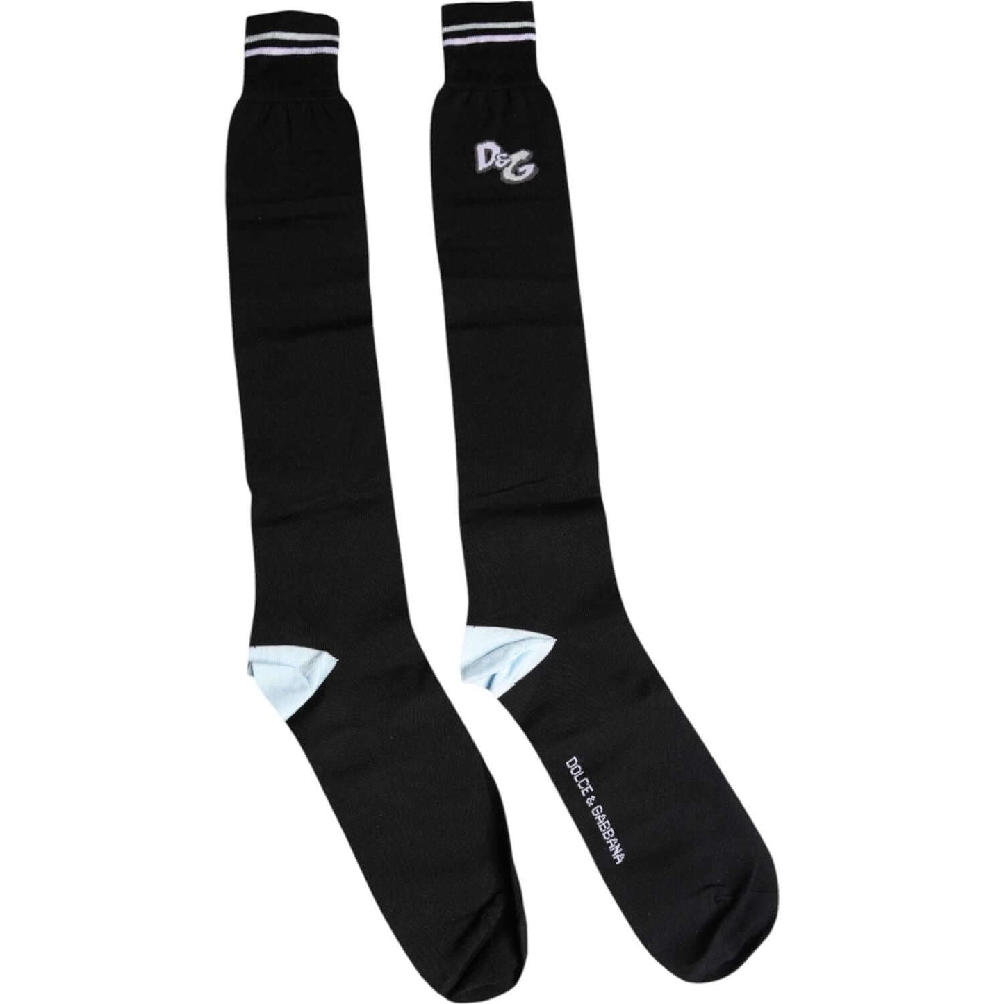 Dolce & Gabbana black over calf socks with DG logo, unisex design, cotton blend, made in Italy.
