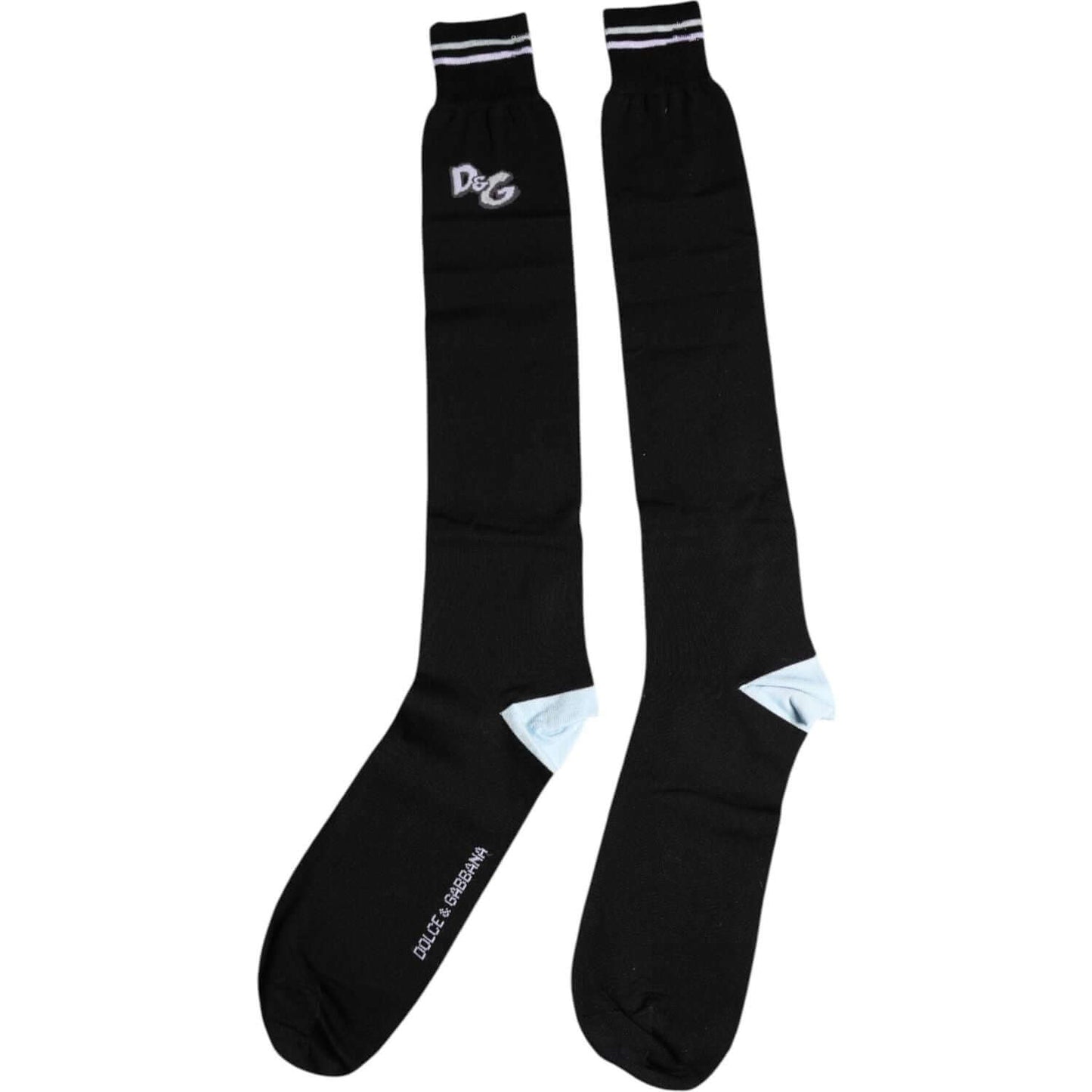 Dolce & Gabbana black over calf socks with DG logo, unisex cotton stretch, made in Italy, luxury fashion footwear accessory.