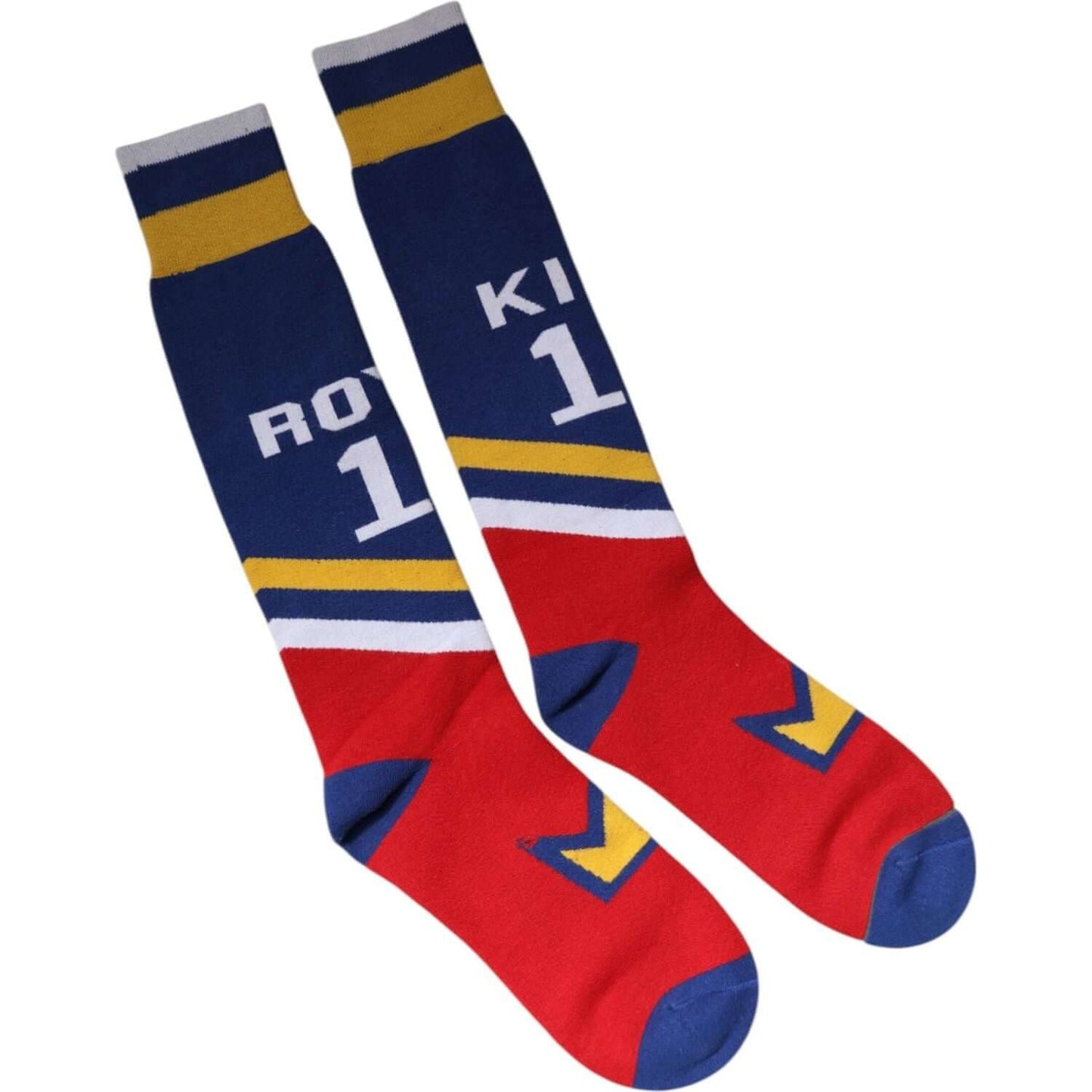 Dolce & Gabbana multicolor over calf socks, unisex stretch cotton with logo details, vibrant blue, red, yellow design, made in Italy.