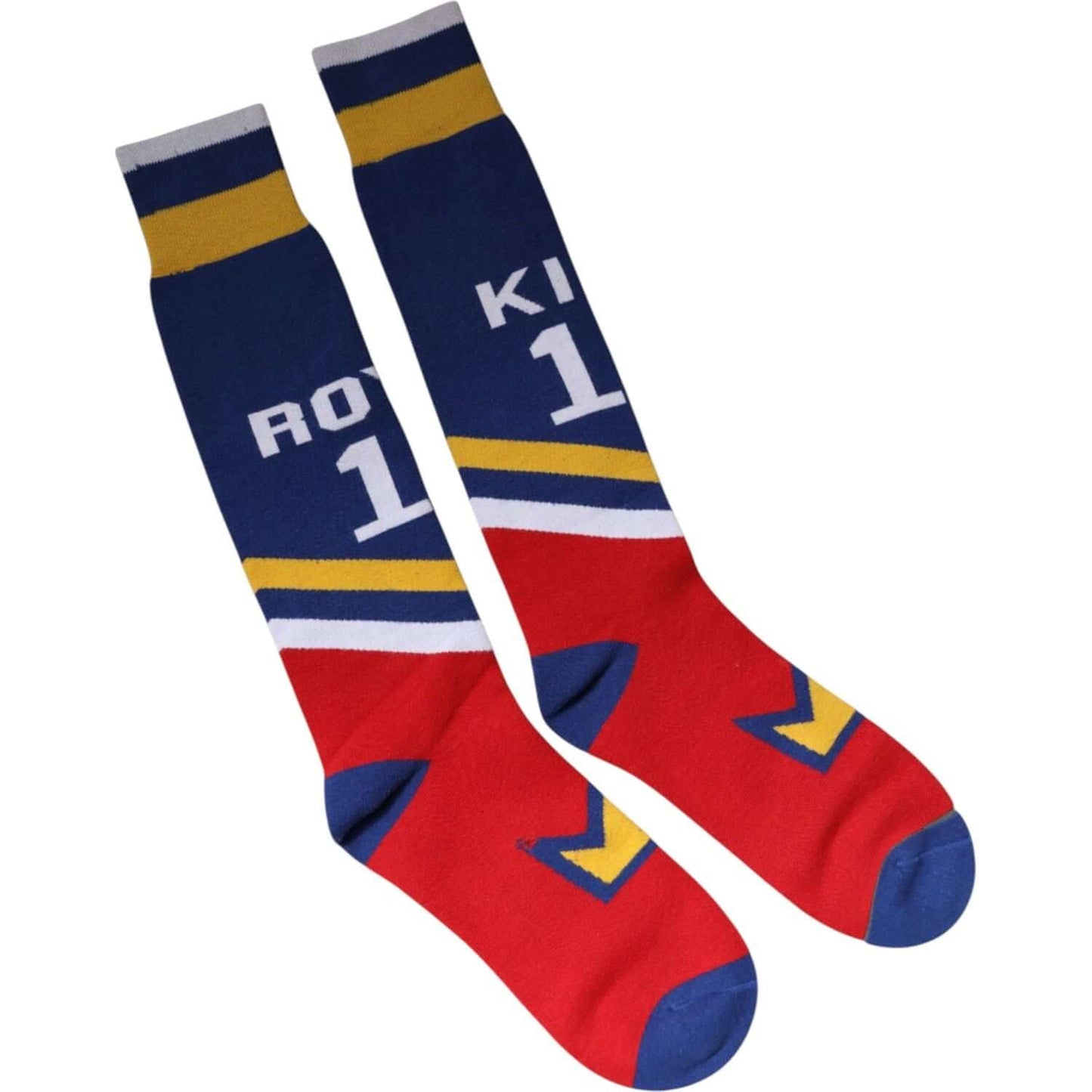 Multicolor Dolce & Gabbana over calf socks with logo, unisex, made of cotton stretch blend, vibrant red, blue, and yellow design.