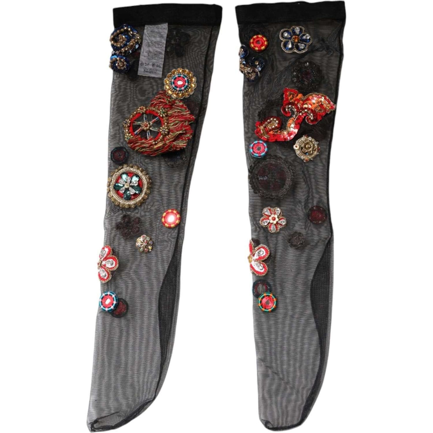 Dolce & Gabbana black stretch Carretto stockings with colorful sequins and crystal embellishments, luxury Italian design.