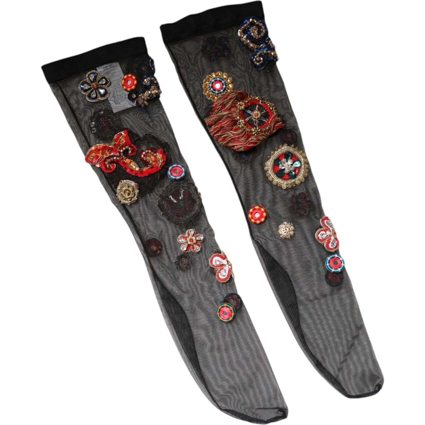 Dolce & Gabbana black stretch Carretto stockings with crystal and sequin embellishments, nylon fabric, made in Italy.