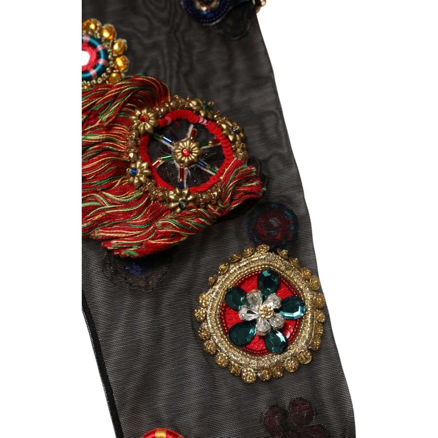 Dolce & Gabbana black Carretto stockings with crystal and sequined embellishments, intricate gold and multicolor details.