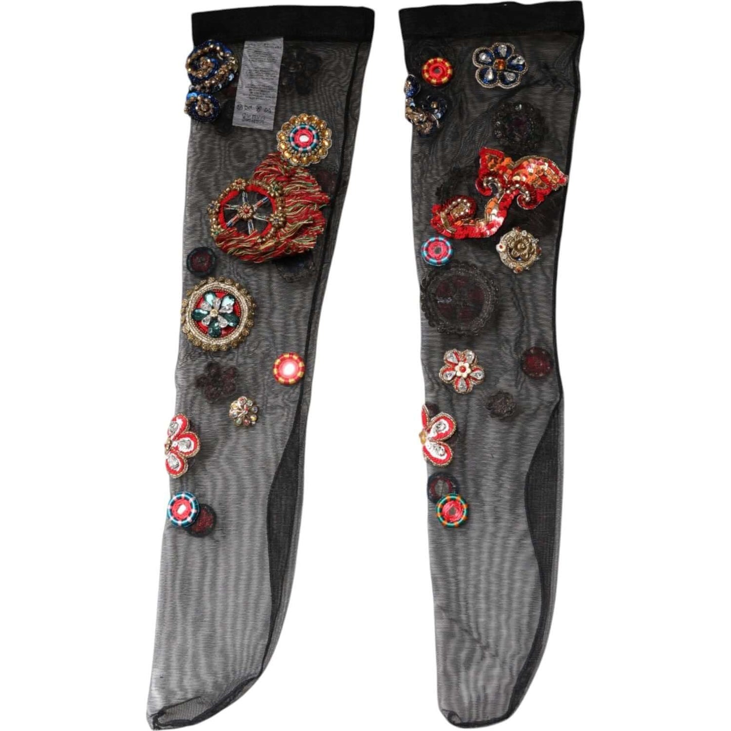 Dolce & Gabbana black Carretto crystal stockings with multicolor sequins, nylon elastane blend, and gold detailing. Made in Italy.