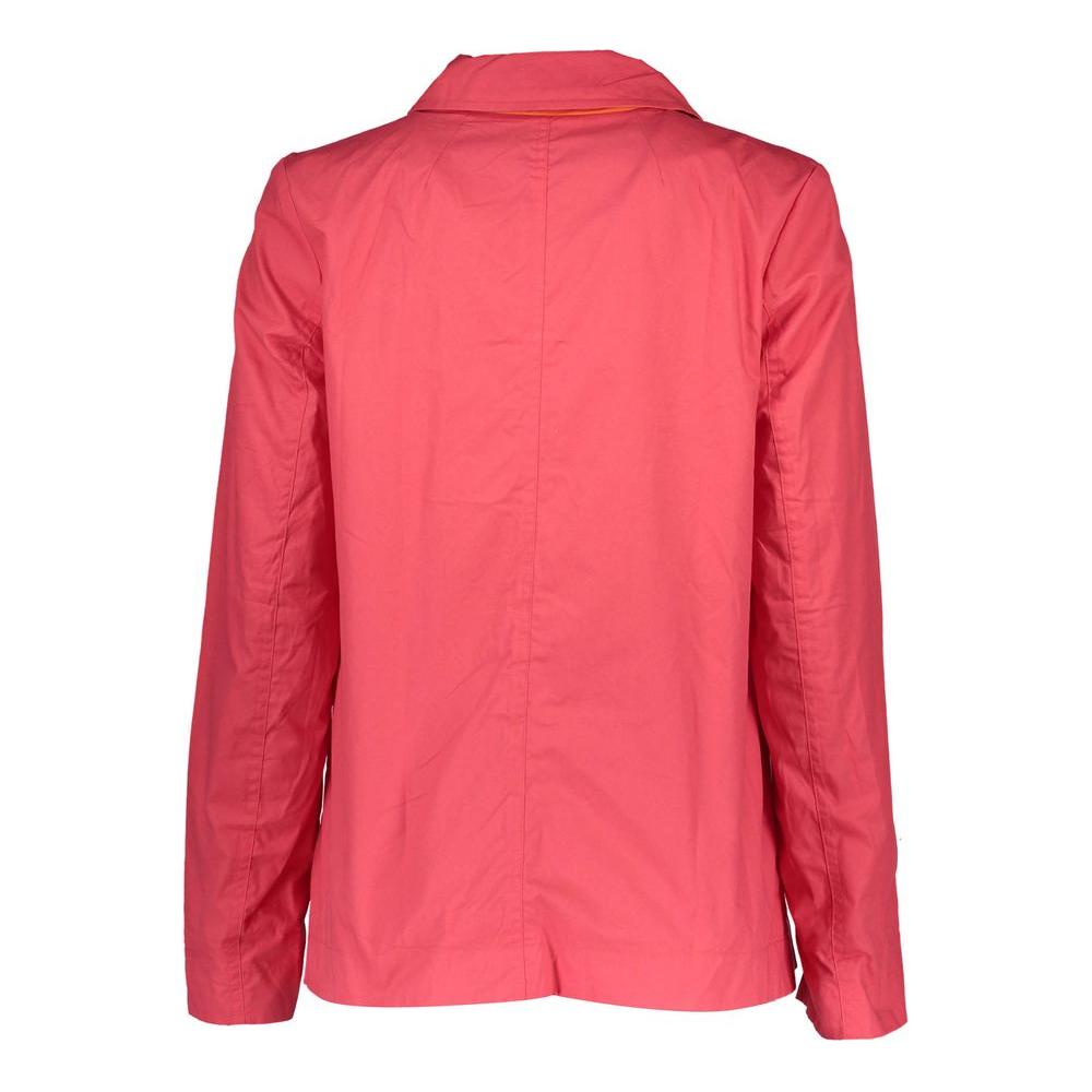 Back view of Gant red cotton women's reversible sports jacket showcasing button-up design and iconic logo.