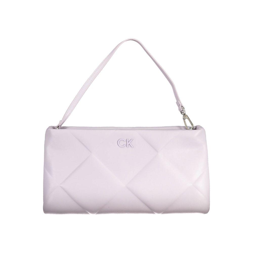Calvin Klein purple polyester handbag with handle, logo, and two internal pockets, made from 50% recycled materials.