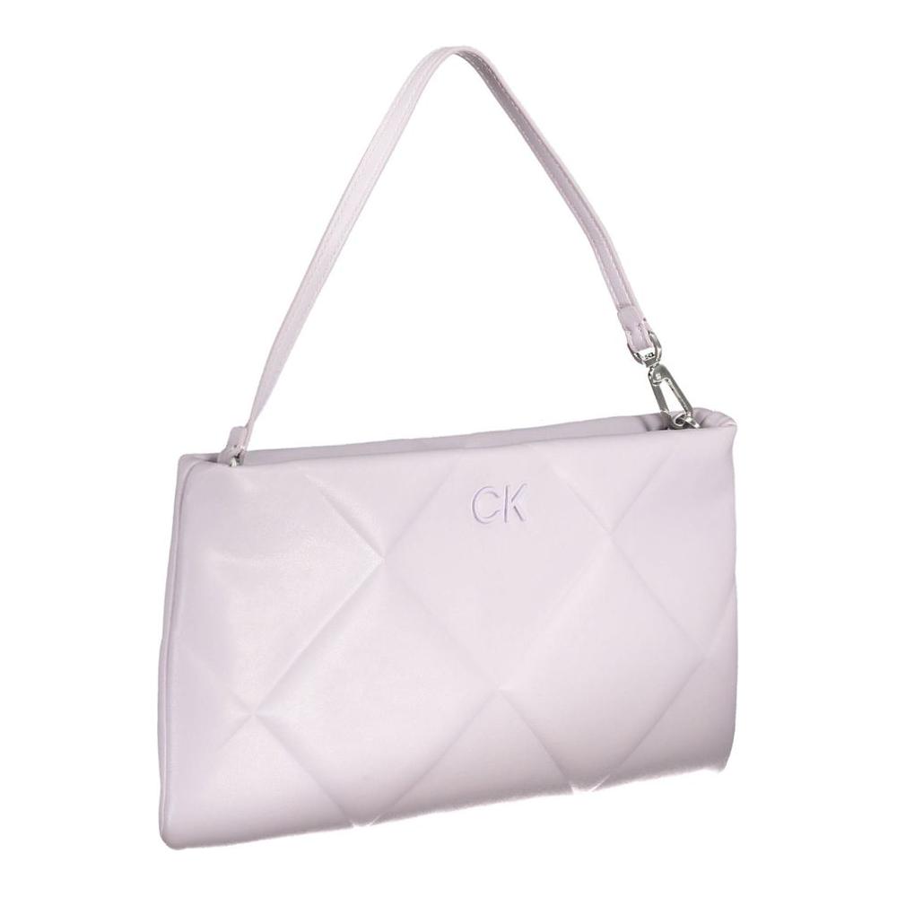 Calvin Klein purple handbag with handle, logo, and two internal pockets, made of 50% recycled polyester.