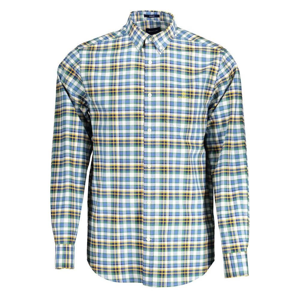 Gant blue checkered cotton men's shirt with button-down collar and long sleeves, featuring a chest pocket and subtle logo detail.