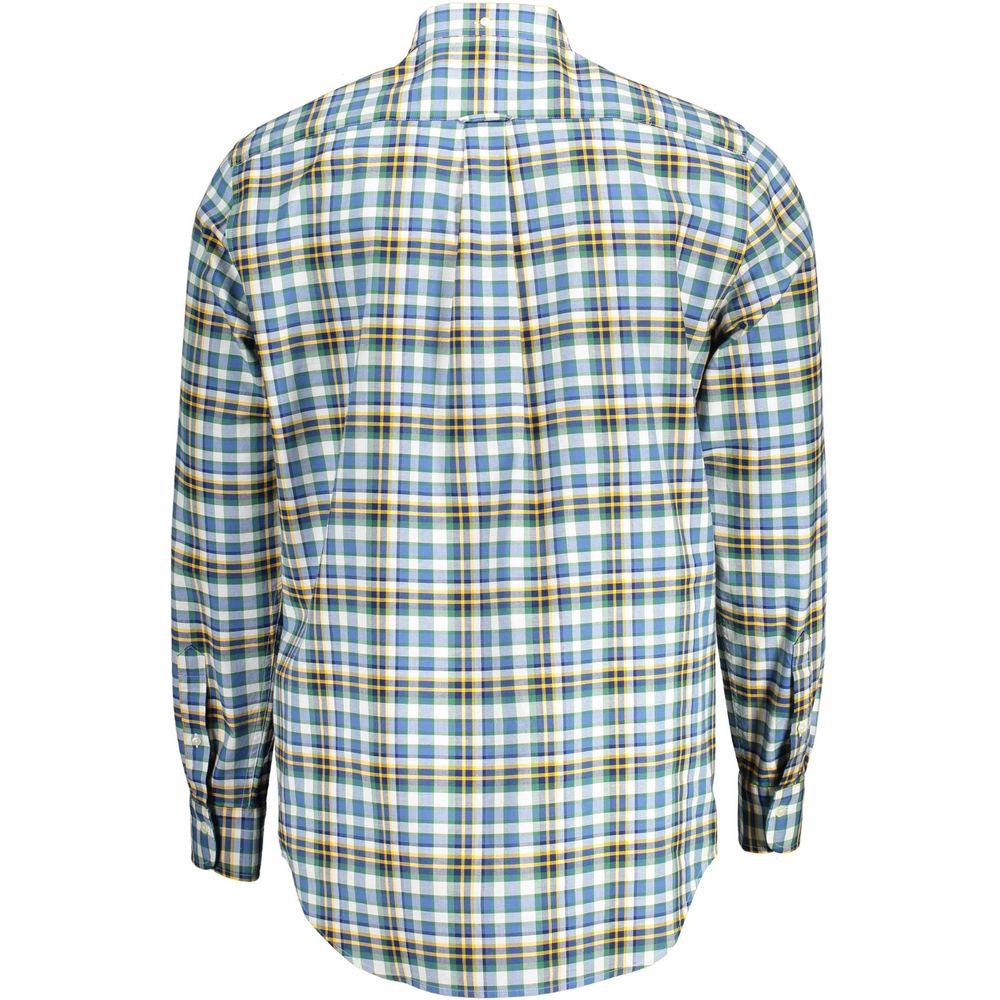 Back view of a Gant blue checked cotton men's shirt showcasing long sleeves and a button-down collar, perfect for a stylish wardrobe upgrade.