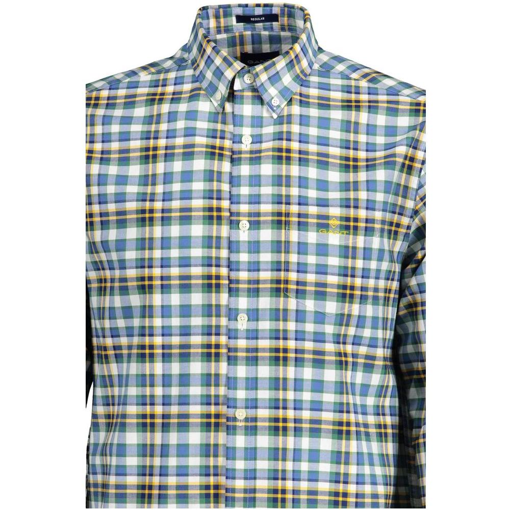 Men's Gant blue cotton plaid shirt with button-down collar, long sleeves, and chest pocket.