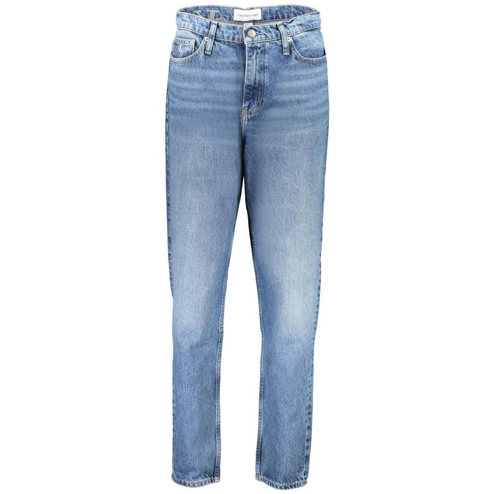 Calvin Klein blue cotton jeans with mom fit, 5 pockets, washed effect, button zip, embroidery, logo, 20% recycled cotton.
