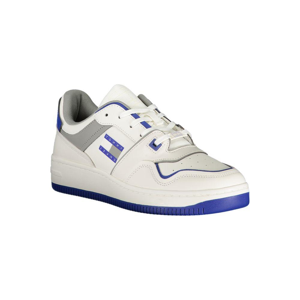 Tommy Hilfiger white polyethylene men's sneaker with royal blue accents and iconic logo, exuding athletic charm and modern style.