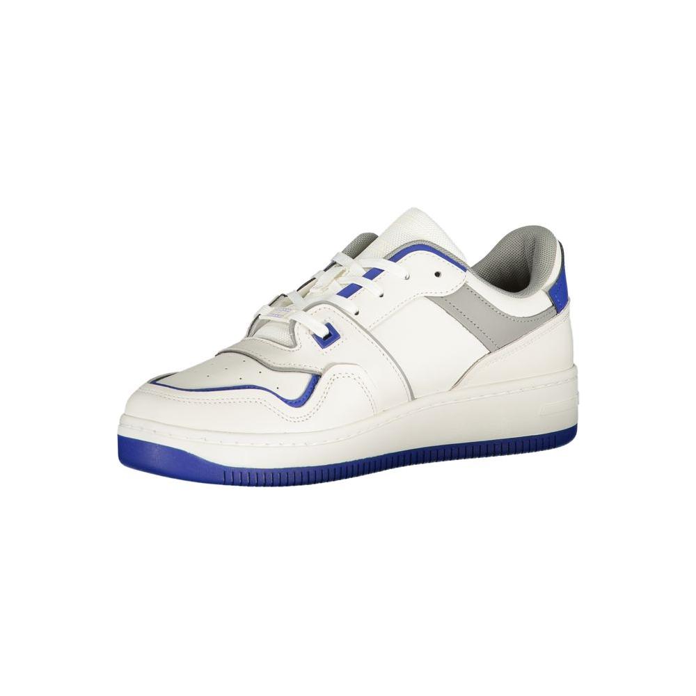 Tommy Hilfiger white sneaker with blue accents for men, featuring iconic logo and stylish design. Perfect for a modern, athletic look.
