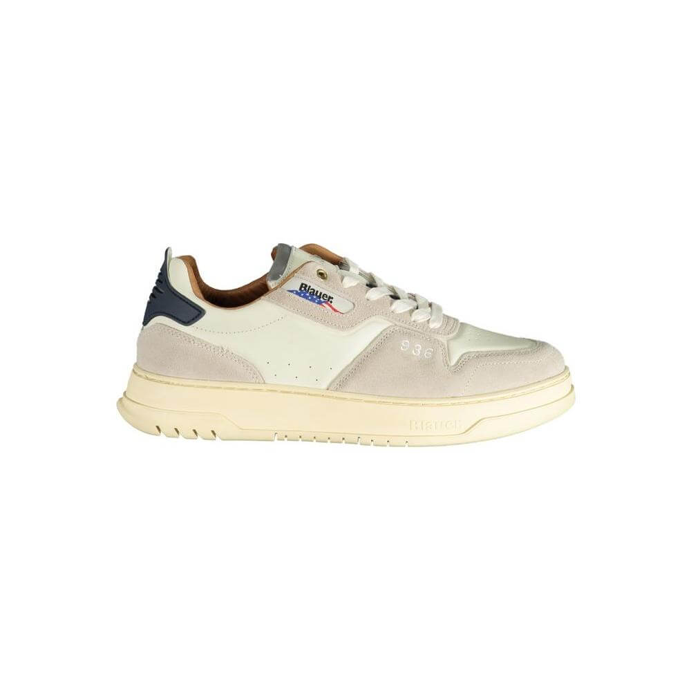 Blauer White Polyethylene Men's Sneaker with Logo, featuring contrasting details and removable insole, side view.