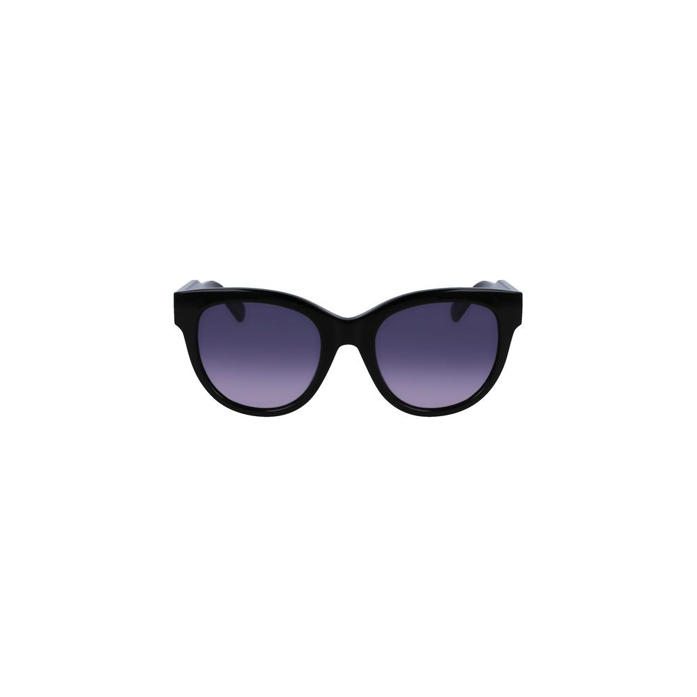 Liu Jo black acetate sunglasses with round lenses, featuring contrast details and logo. Lens width 52mm, bridge 20mm, temples 140mm.