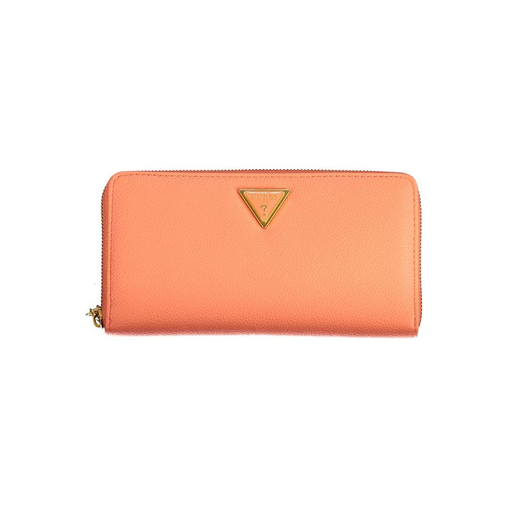 Guess Jeans orange polyethylene wallet with logo, zip closure, and multiple compartments.