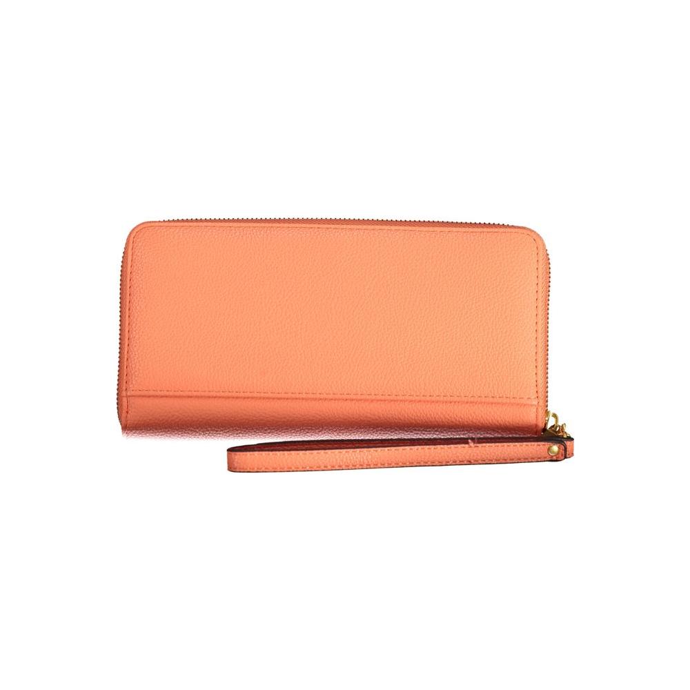 Guess Jeans orange polyethylene wallet with three compartments, coin purse, card slots, zip closure, and removable long pull.