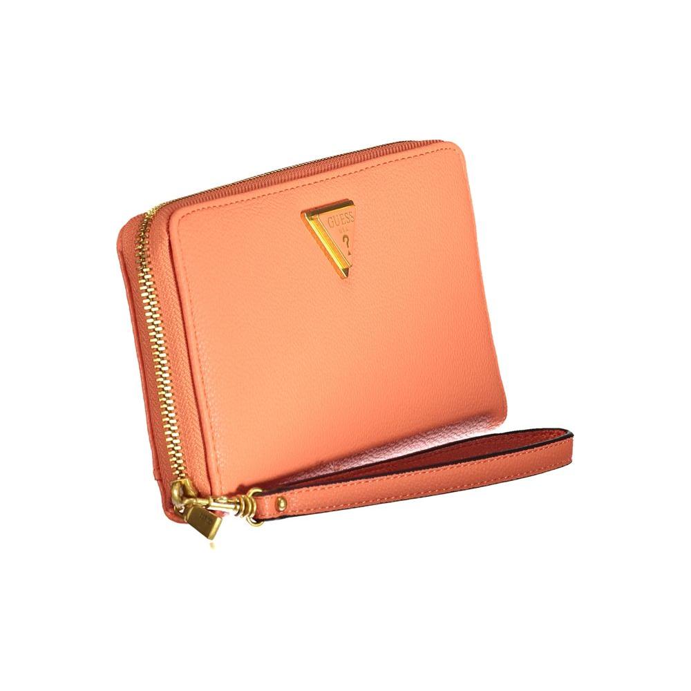 Alt Tag: Guess Jeans orange polyethylene wallet, sleek COSETTE SLG design with zip closure, card slots, coin purse, and removable strap.