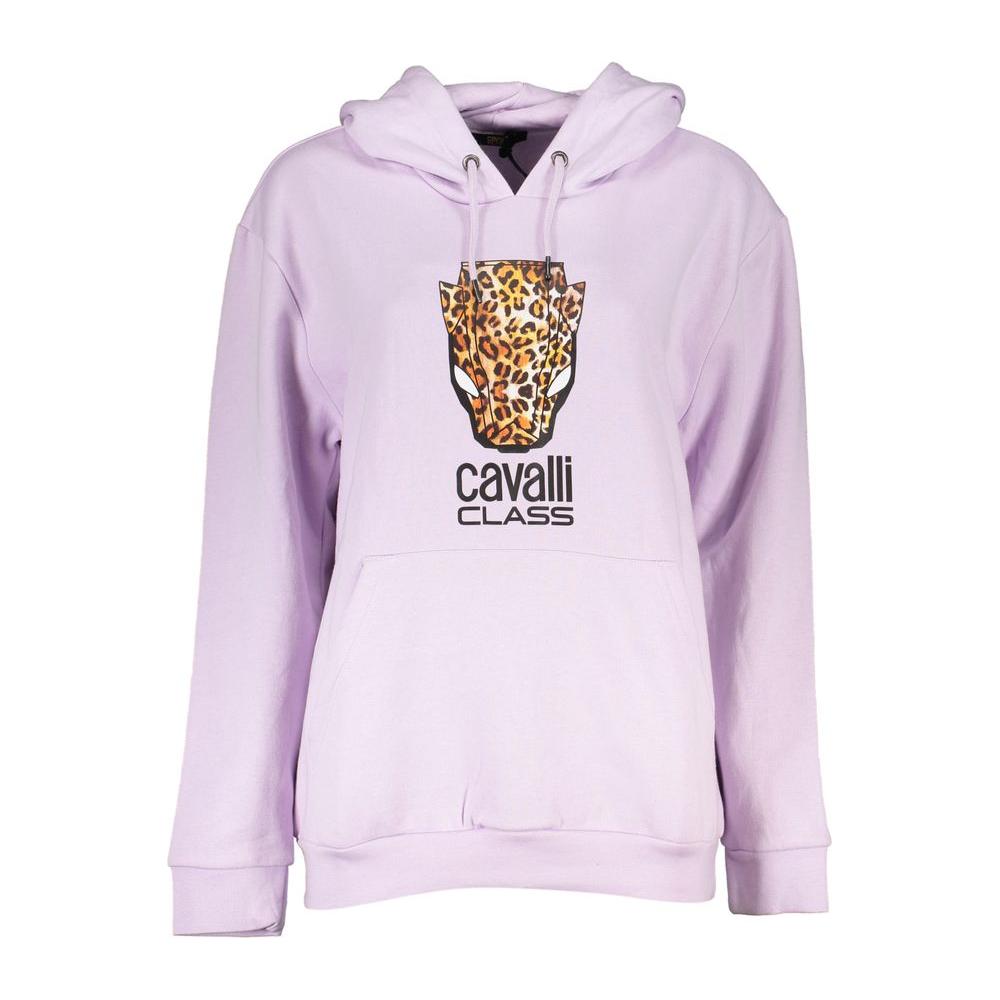 Cavalli Class purple cotton sweater with hood, featuring fleece, a printed design, and logo. Long-sleeved sweatshirt for stylish comfort.