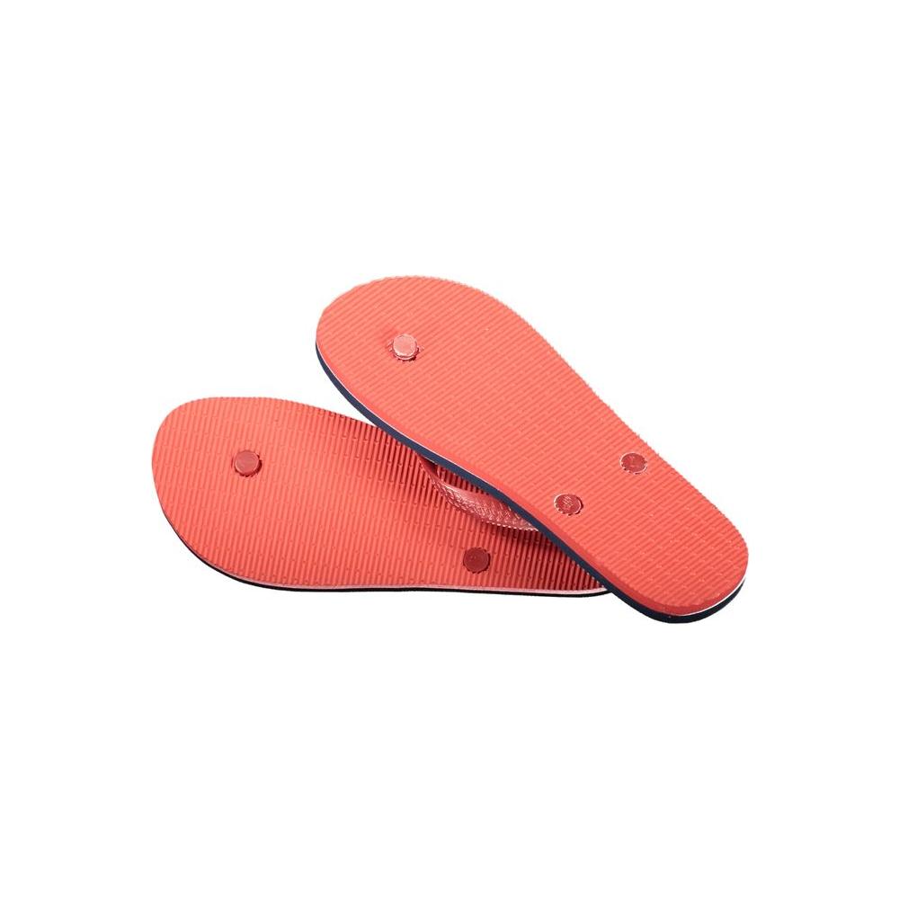 Blue Carrera sandals with contrast details and logo, polyethylene flip flops, bottom view.