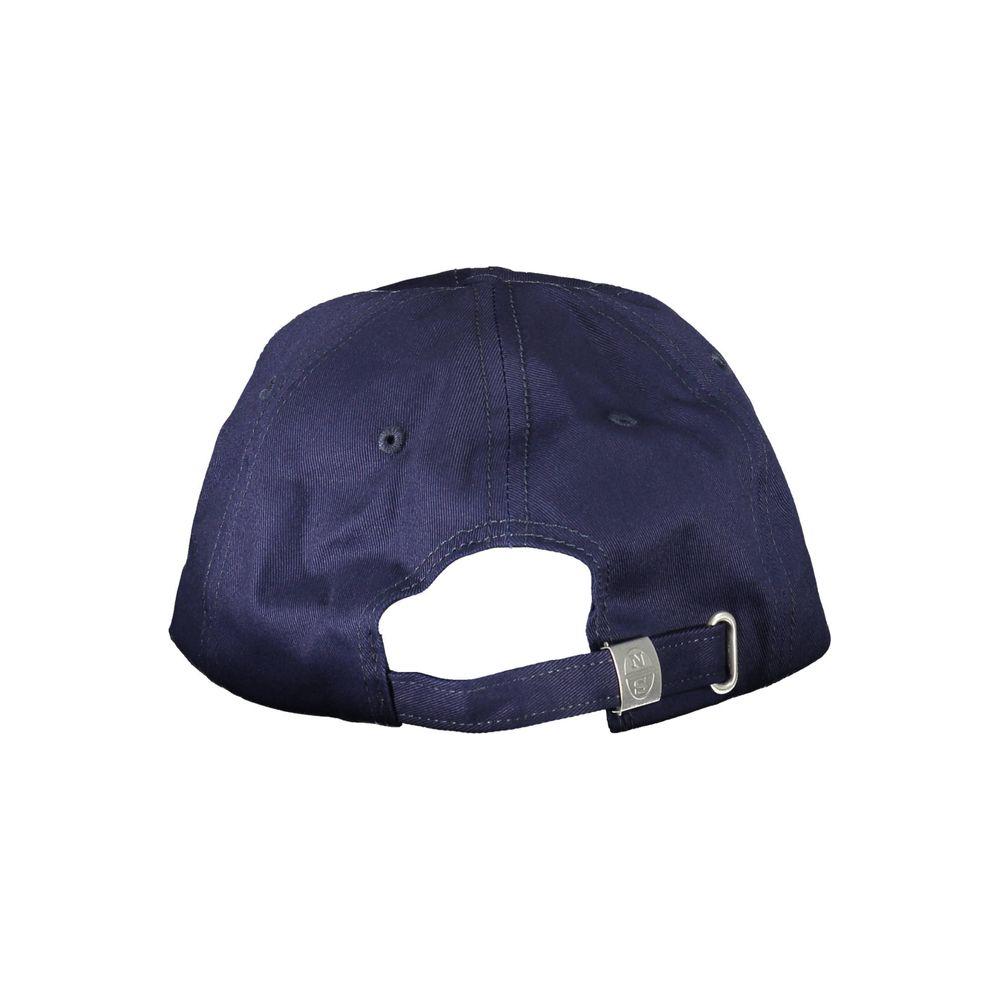 Back view of North Sails blue cotton men's cap showing adjustable strap and metallic logo.