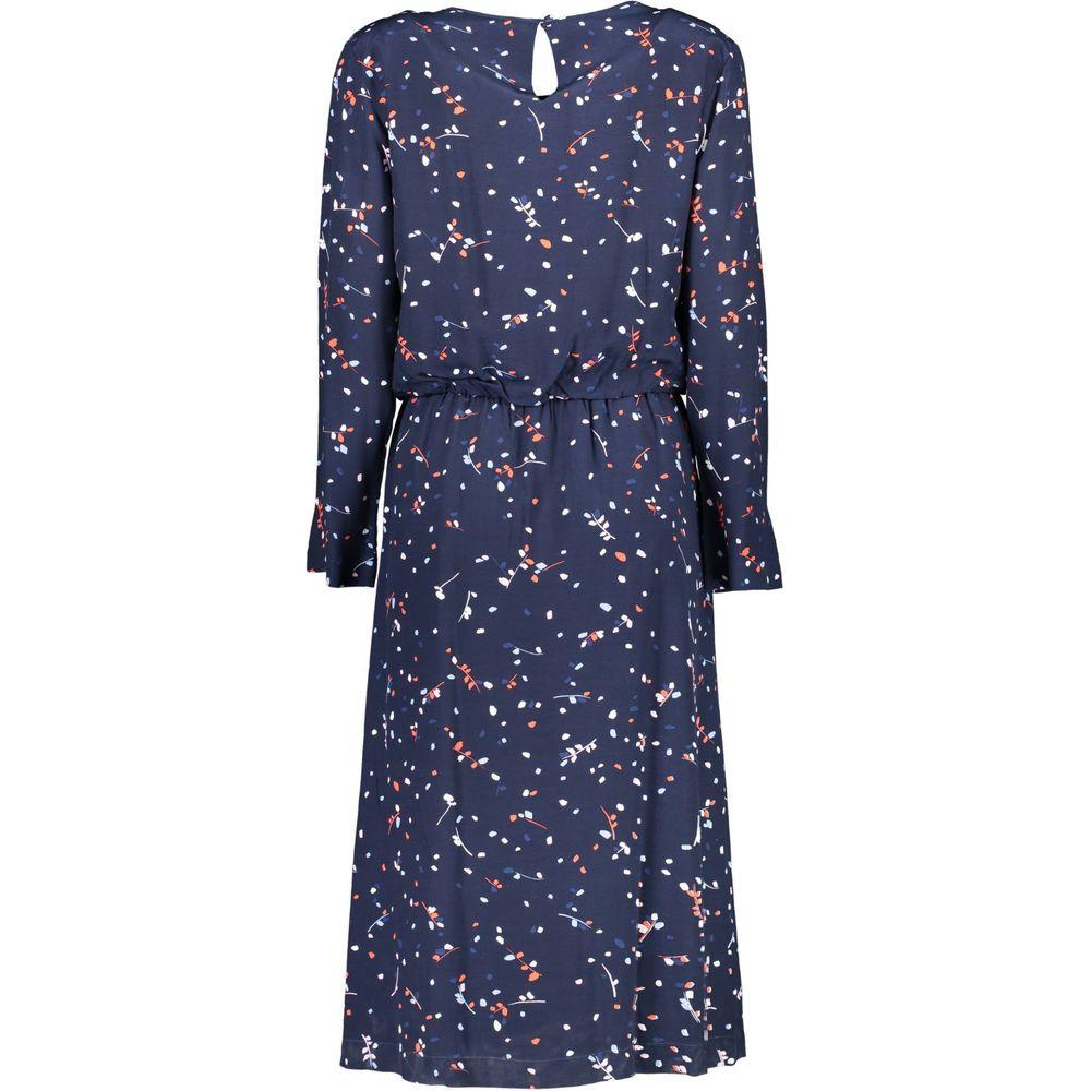 Gant blue viscose women's dress with floral pattern, long sleeves, round neck, and elastic waistband, featuring elegant back button closure.
