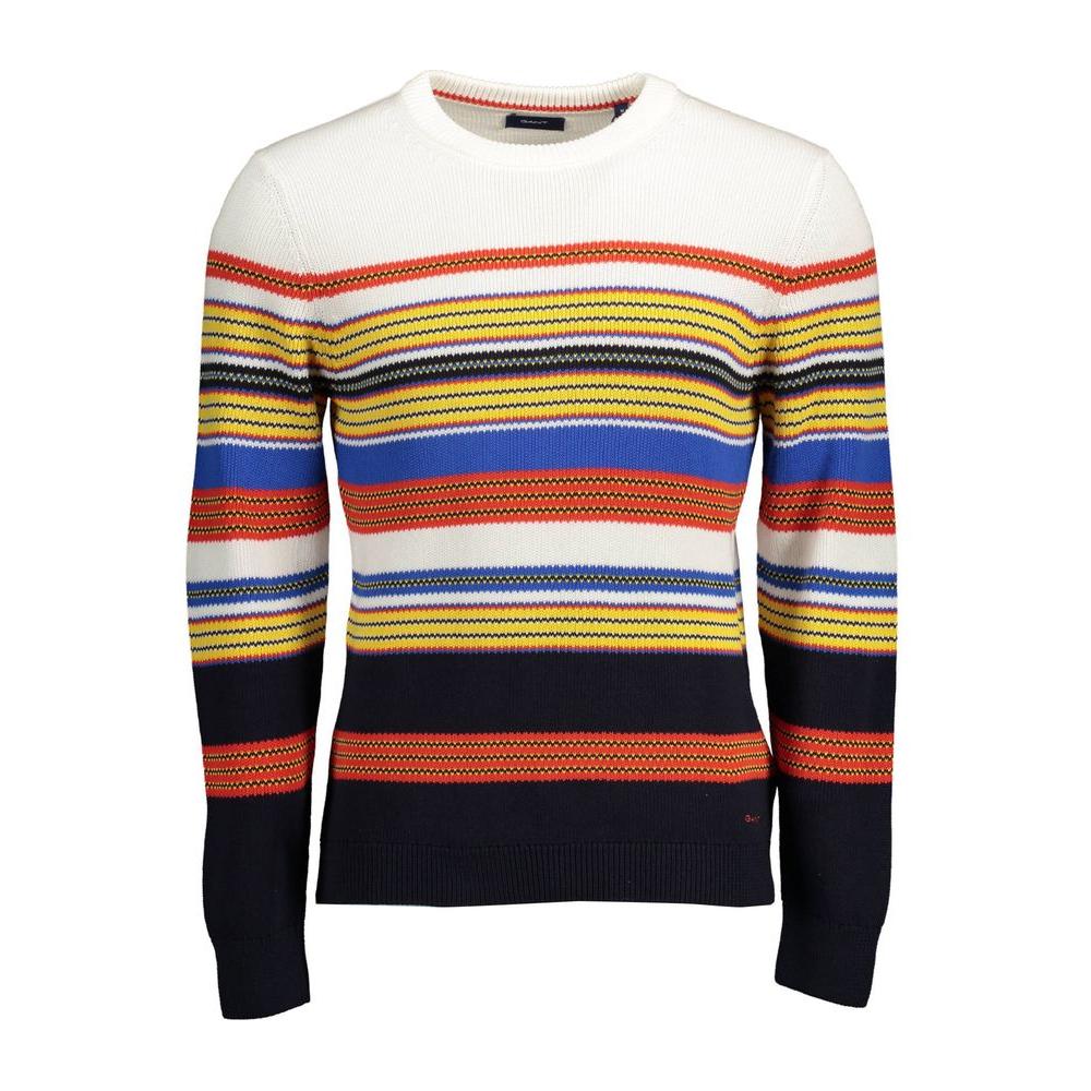 Striped multicolor men’s sweater with long sleeves, featuring vibrant red, blue, yellow, and white horizontal patterns.