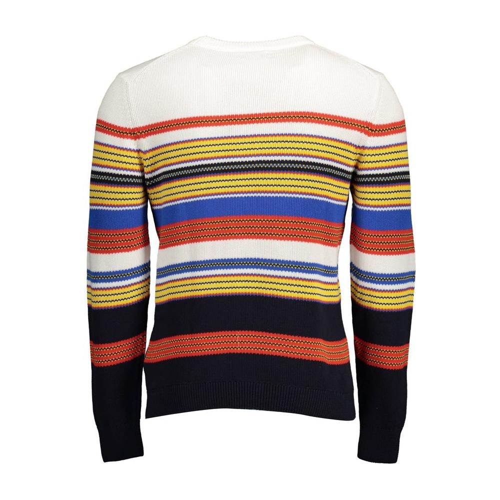 Colorful striped men's sweater with bold horizontal lines in blue, red, yellow, and black, featuring a crew neck and long sleeves.