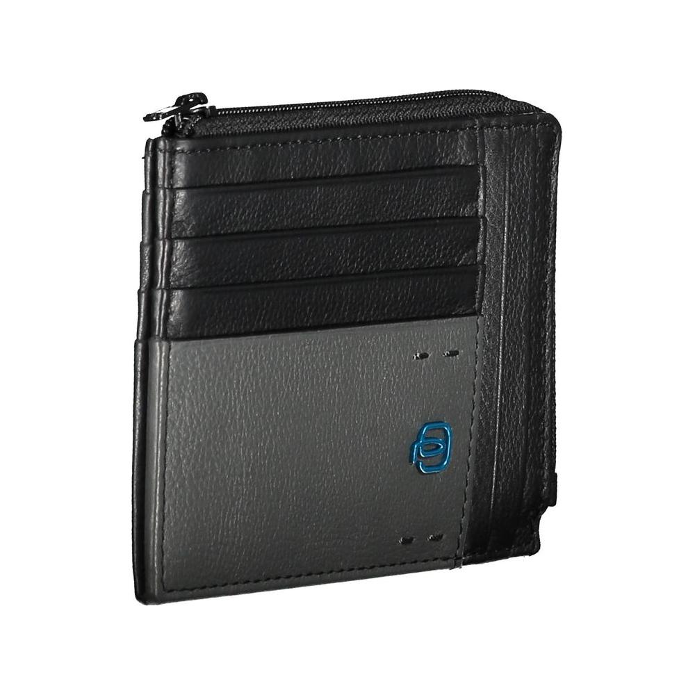 Piquadro black leather men's wallet with card slots, zip closure, and RFID protection, featuring sleek design and contrasting details.