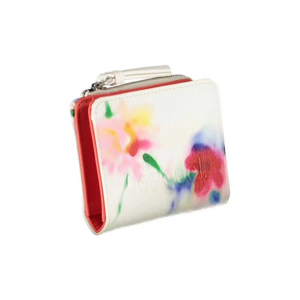 Desigual white polyester wallet with floral print, featuring two compartments, coin purse, zip closure, and card spaces.