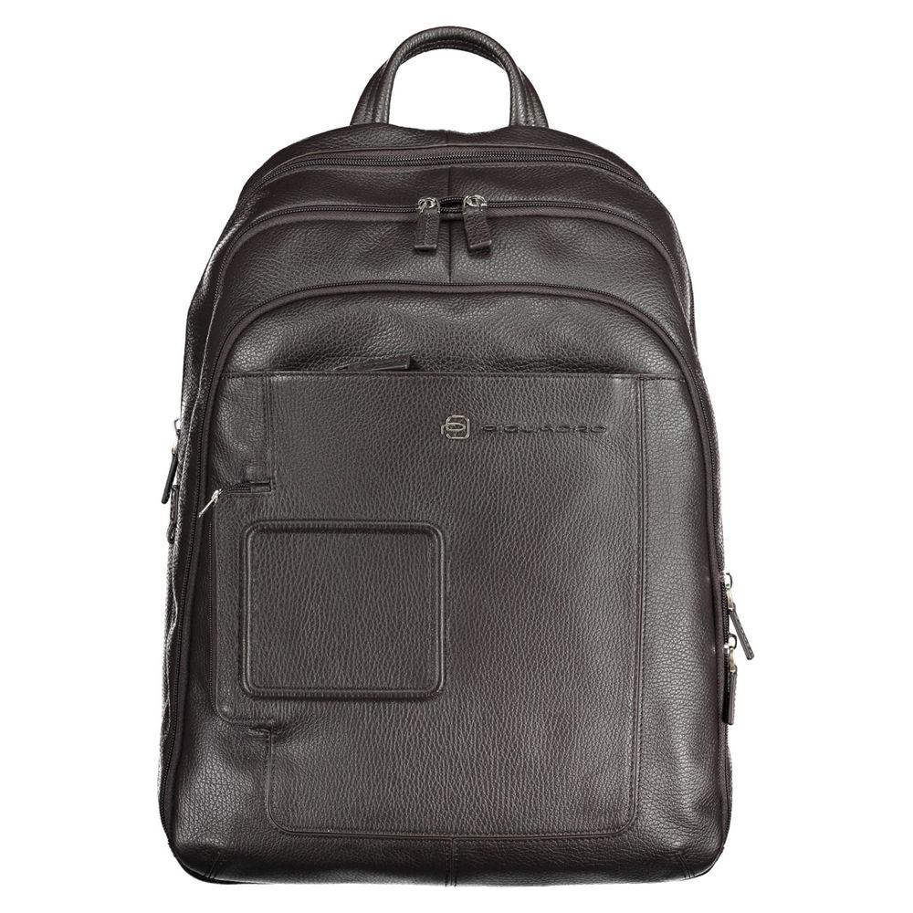 Piquadro brown leather men's backpack with adjustable straps and laptop compartment.