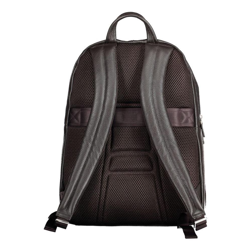 Back view of Piquadro brown leather men's backpack with cushioned adjustable straps and top handle for comfort and style.