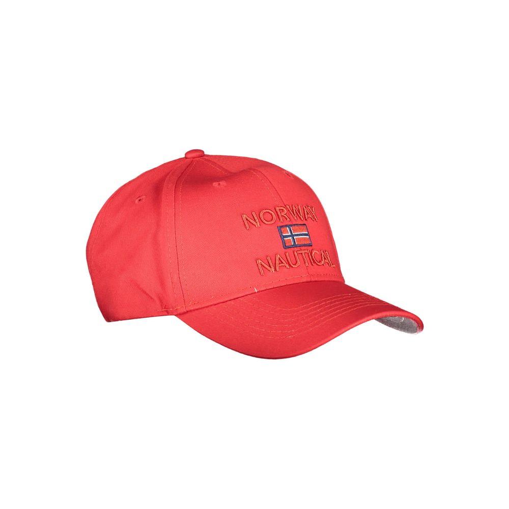 Norway 1963 red cotton cap with visor, featuring embroidered logo and nautical applications.