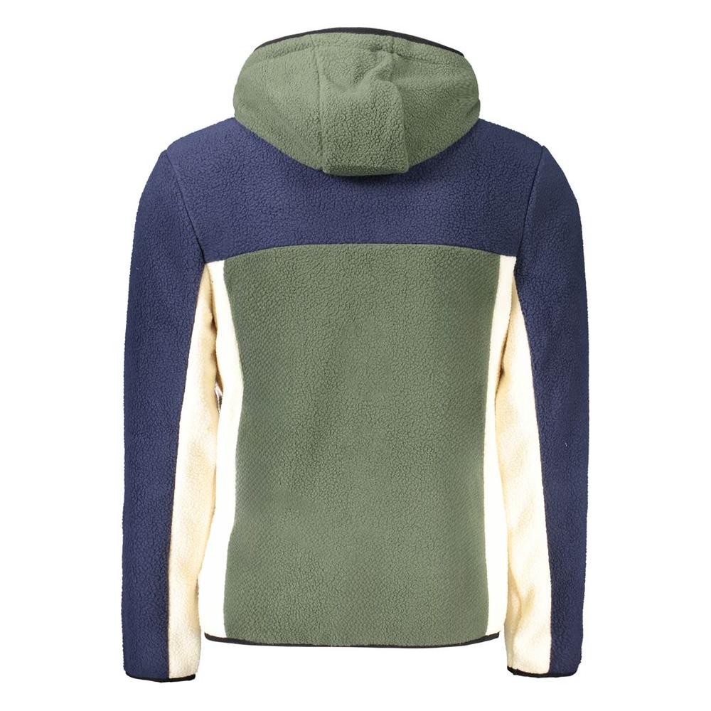 Back view of Norway 1963 green and navy polyester men's jacket with hood, showcasing contrasting design and modern sophistication.