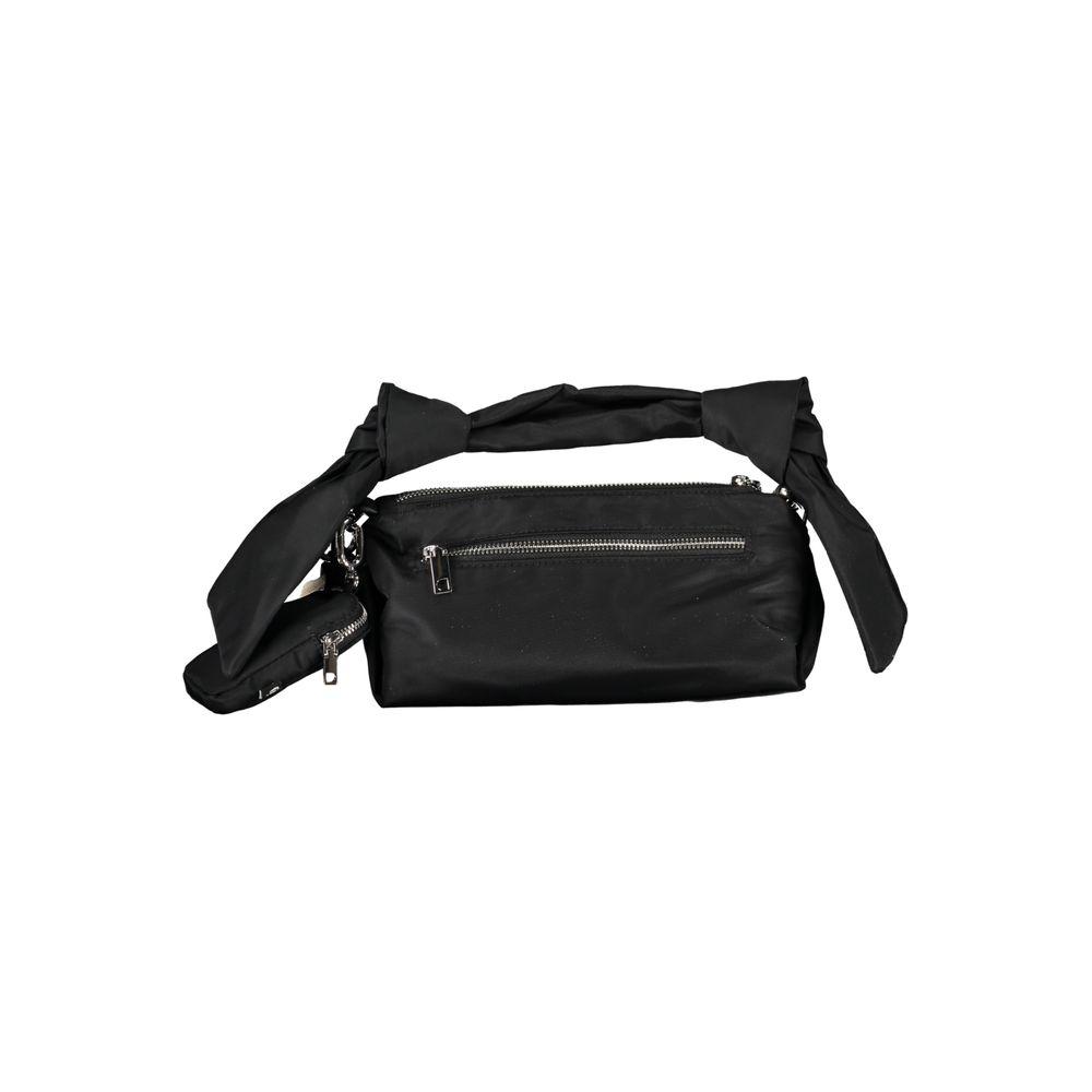 Desigual black polyester handbag with removable shoulder strap, external pockets, coin purse, contrast details, and zip closure.