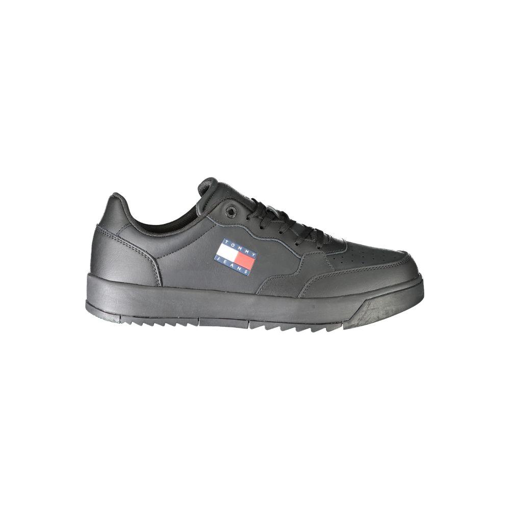 Tommy Hilfiger black polyethylene men's sneaker with logo, featuring a sleek and stylish design perfect for sports and casual wear.